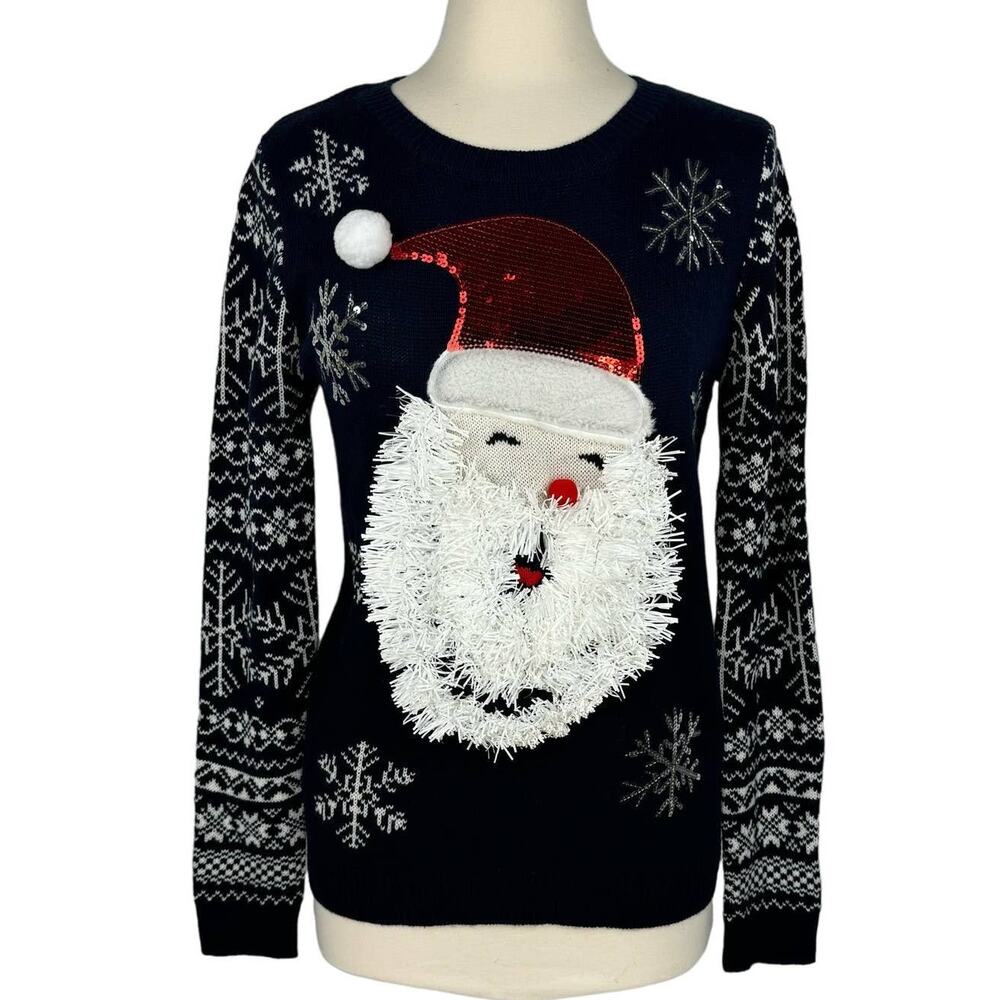 NO BOUNDARIES Knit Tinsel Santa Claus Sequin Ugly Christmas Sweater Junior Large